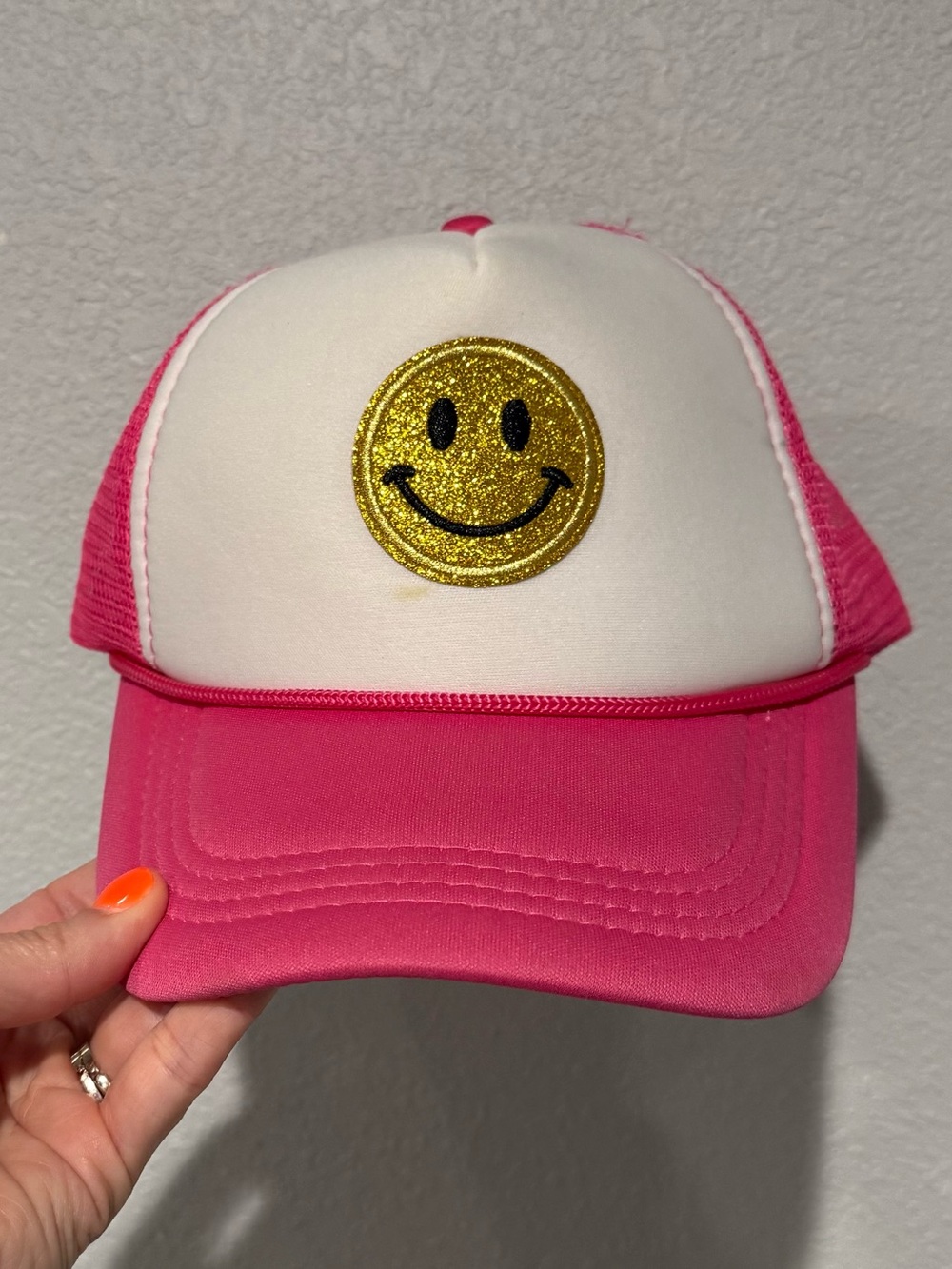 Pink and White Smiley Glitter Trucker Hat